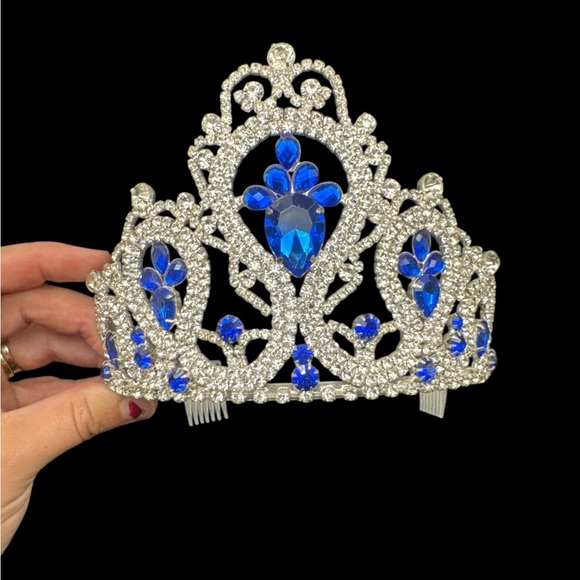 Vintage Accessories - Vintage Blue Rhinestone Crown Tiara Prong Set Rhinestone Crown Prom Bridal